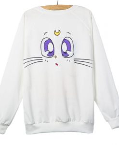 Cute Cat Cartoon Moon White Sweatshirt