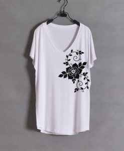 Flowers design on side woman wide v neck white tees