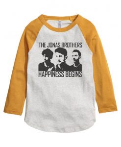 Jonas Brothers Happines begin premium white yellow sleeves raglan tees